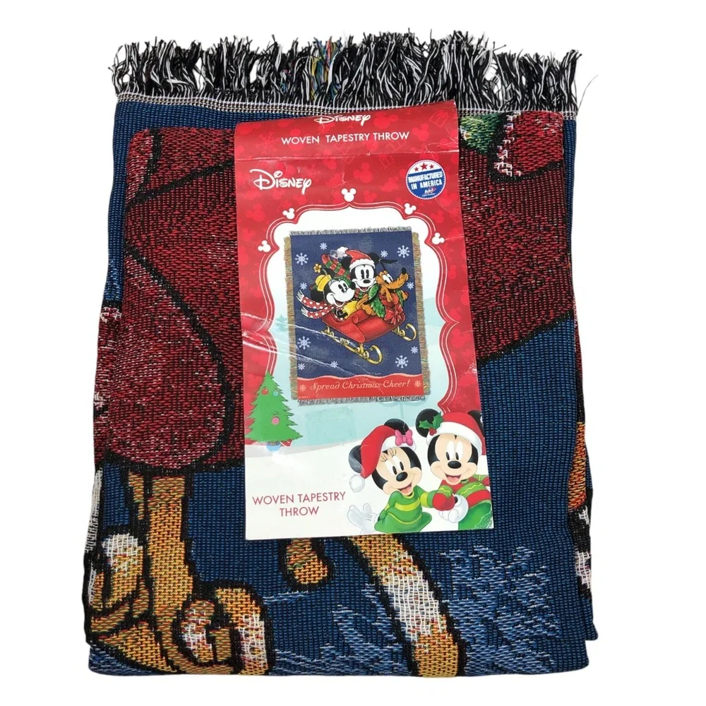 Disney Mickey Minnie Pluto Sleigh Ride Woven Made USA Tapestry Throw 48x60 Inch